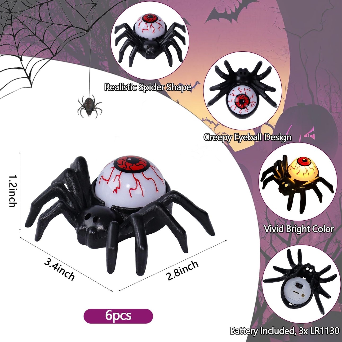 YBB 6 Pcs Halloween Spider Eyeball Tea Lights, LED Flameless Candle Holder Lights Battery Operated for Halloween PartyTable Home Spooky Decor (Eyeball)