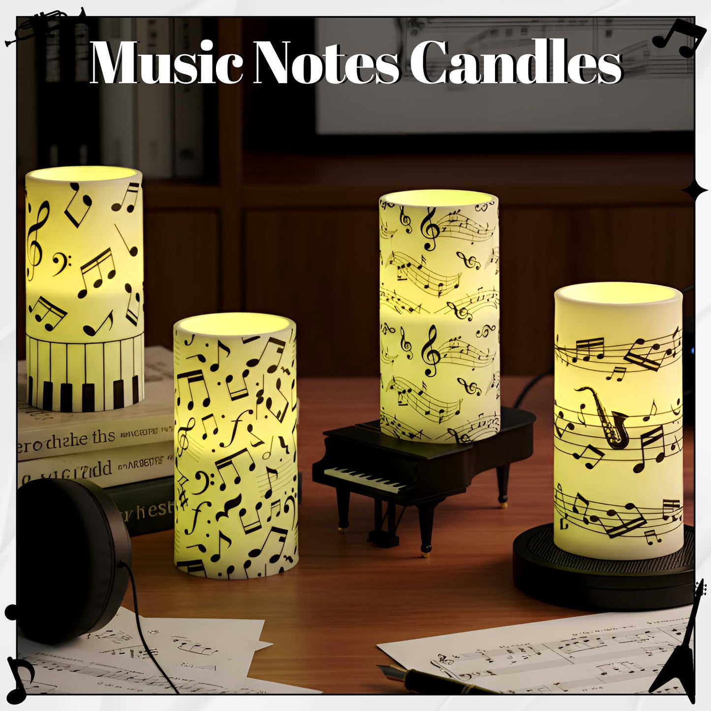 Tiamon 4 Pcs Music Notes and Clef Candles LED Musical Themed Flameless Candles Set Battery Operated with Remote Control LED Pillar Decorations for Party Wedding Birthday Decor
