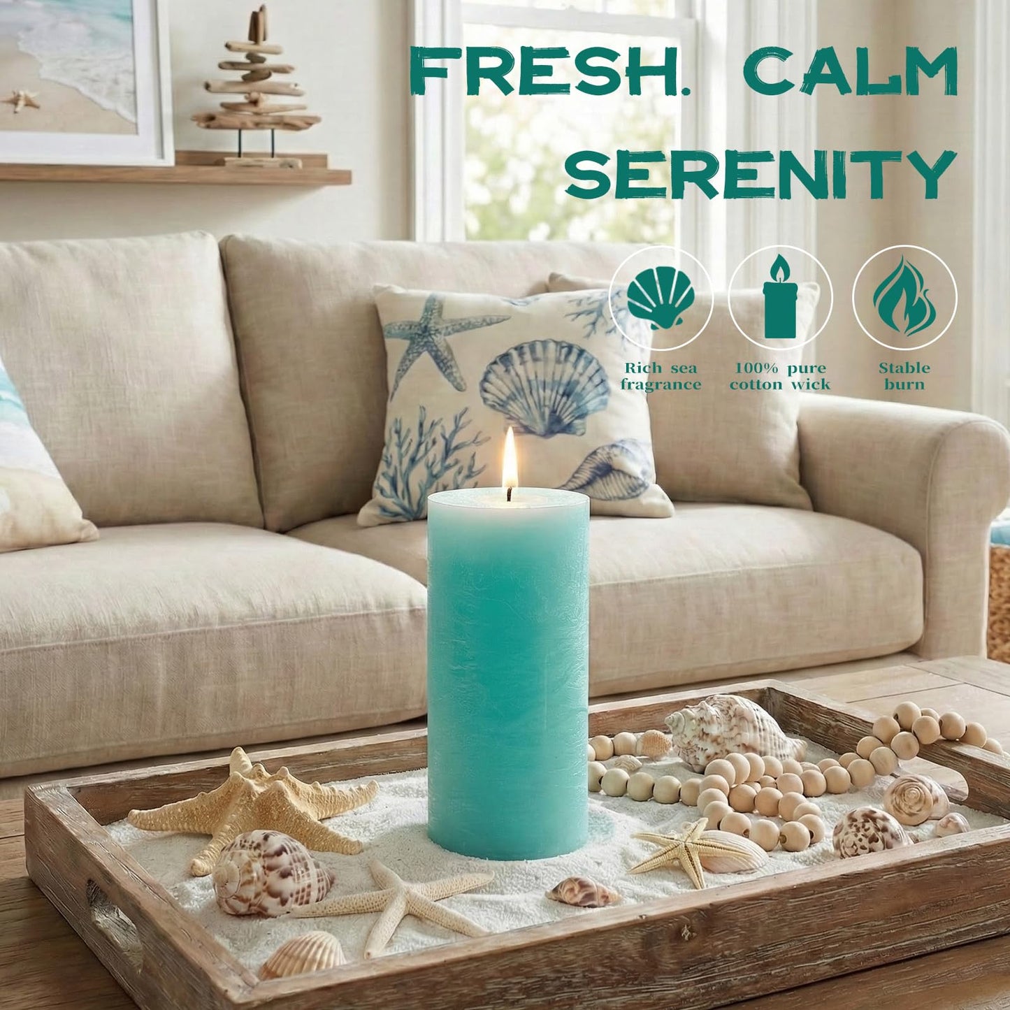 Ocean Breeze Scented Pillar Candle - 2.8x6 Inch, 75-Hour Burn, Textured Blue Coastal Candle with Sea Salt & Driftwood Fragrance, Luxury Air Freshening Aromatherapy Pillar for Home Relaxation