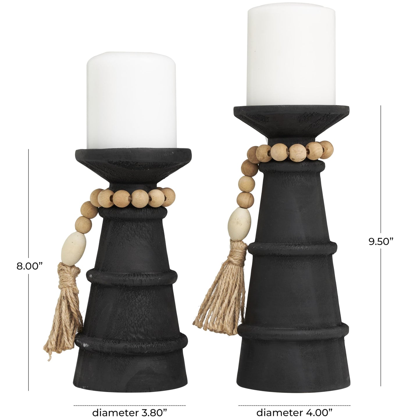 Deco 79 Wood Handmade Decorative Candle Holder Textured Matte Candle Stand with Beaded Garland Accent, Set of 2 Candlestick Holder 10", 8" H, Black