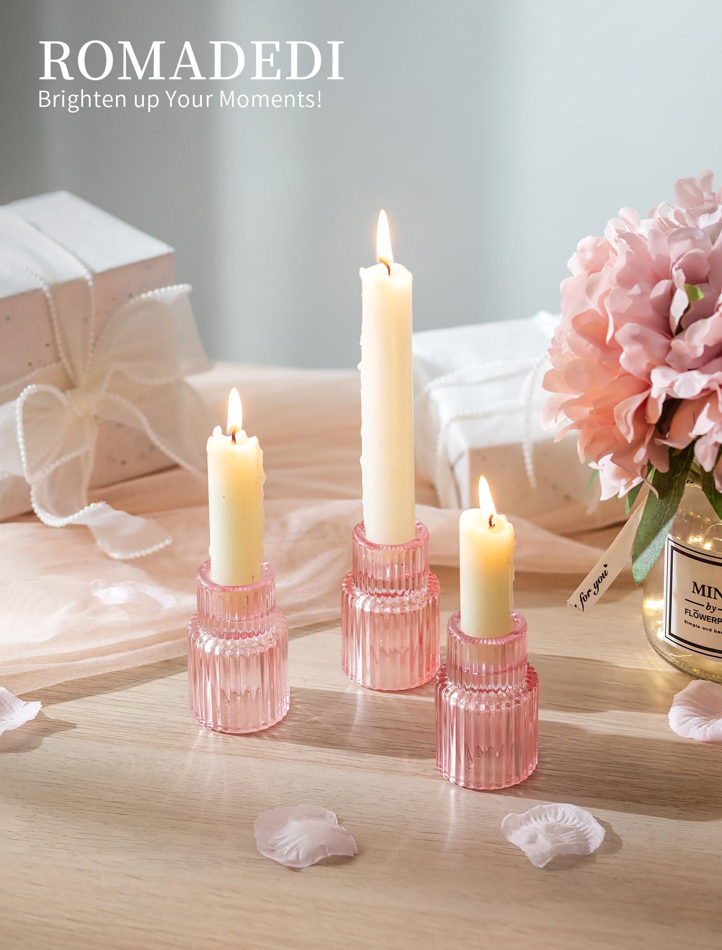Romadedi Pink Glass Candle Holders - 10 Pcs Ribbed Candlestick Holder Bulk for Table Centerpiece Elegant Taper Holder for Wedding Birthday Party Baby Showers Valentines Mother's Day Christmas
