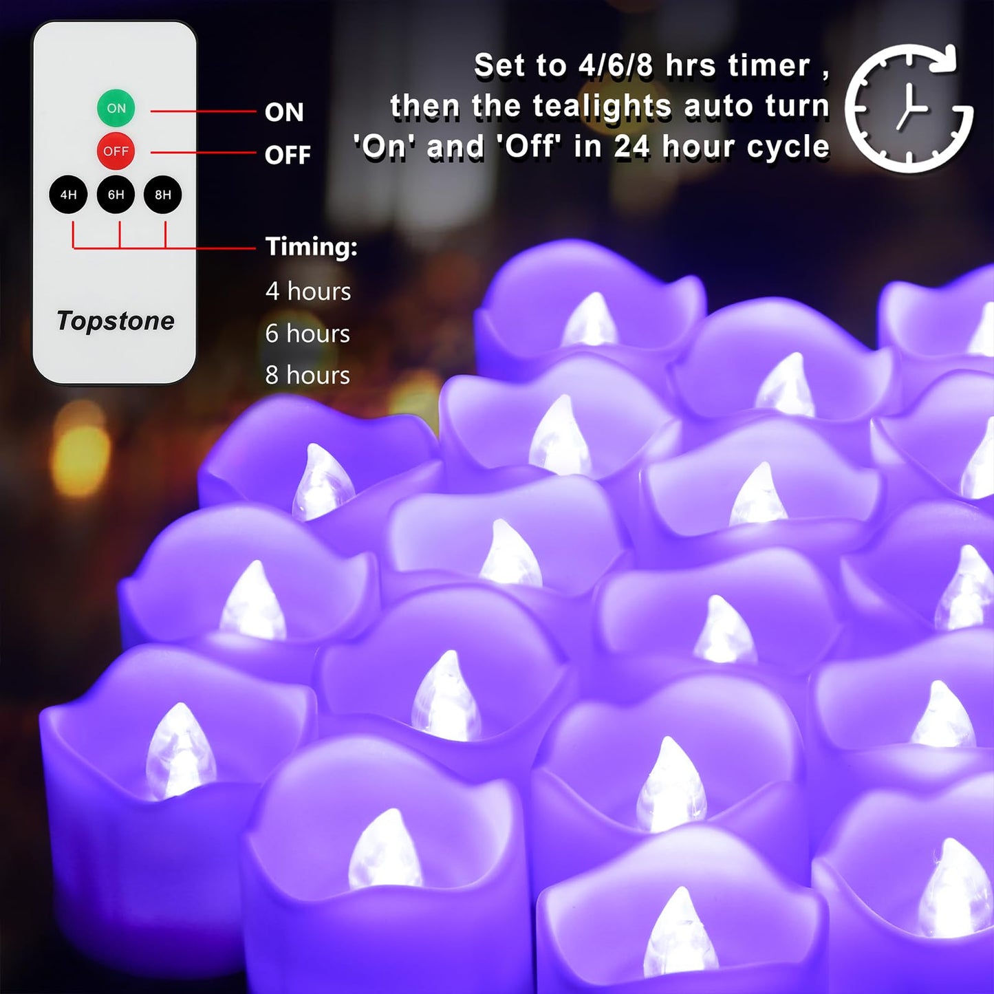 Topstone Electronic Flameless Candles with Remote Control,Purple LED Light, 400+ Hours Battery Life, CR2450 Battery Included, Timer, Realistic Flickering for Home Decor, Wedding, Party, Holiday