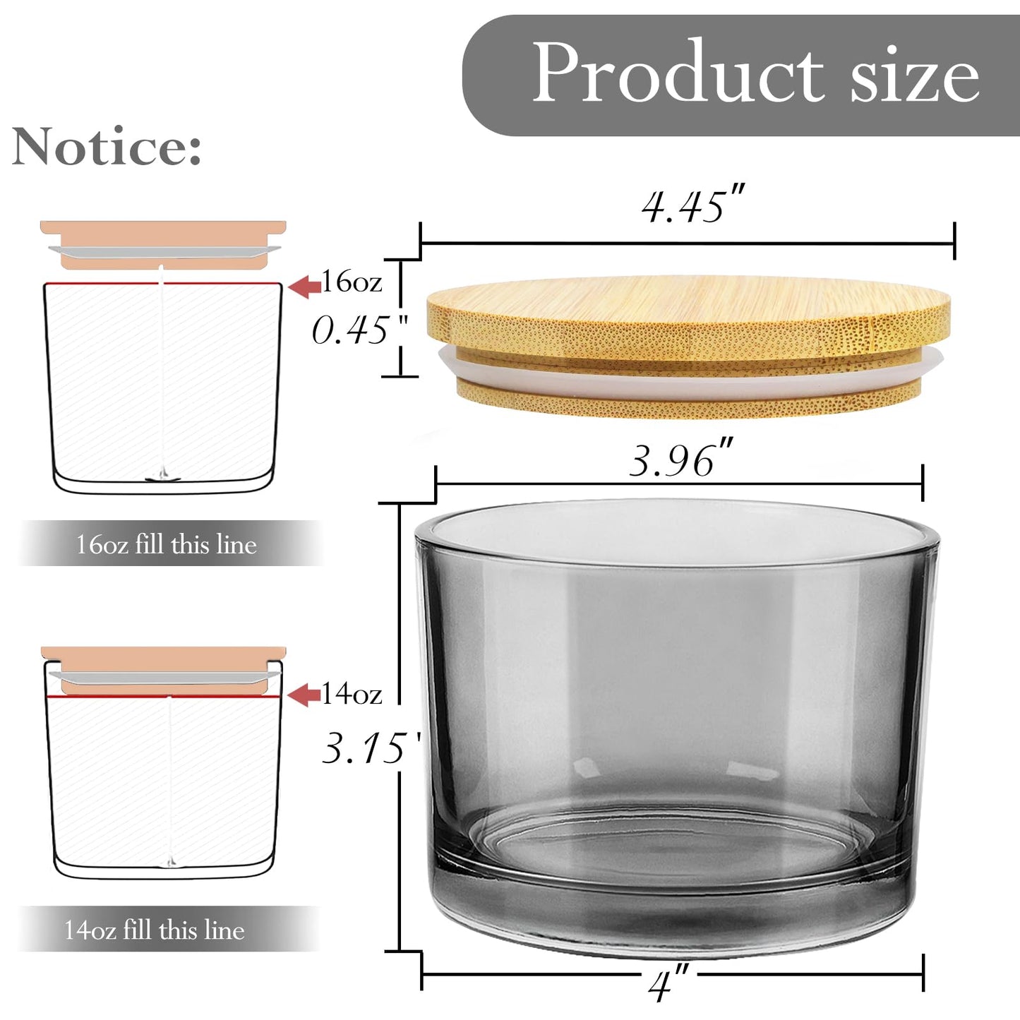CONNOO 6-Pack 16 oz Candle Jars - 3-Wick Gray Empty Wide Mouth Glass Candle Jars Come with Bamboo Lids, Sticky Warning Labels, and a Candle Wick Kit for Candle Making - Dishwasher Safe