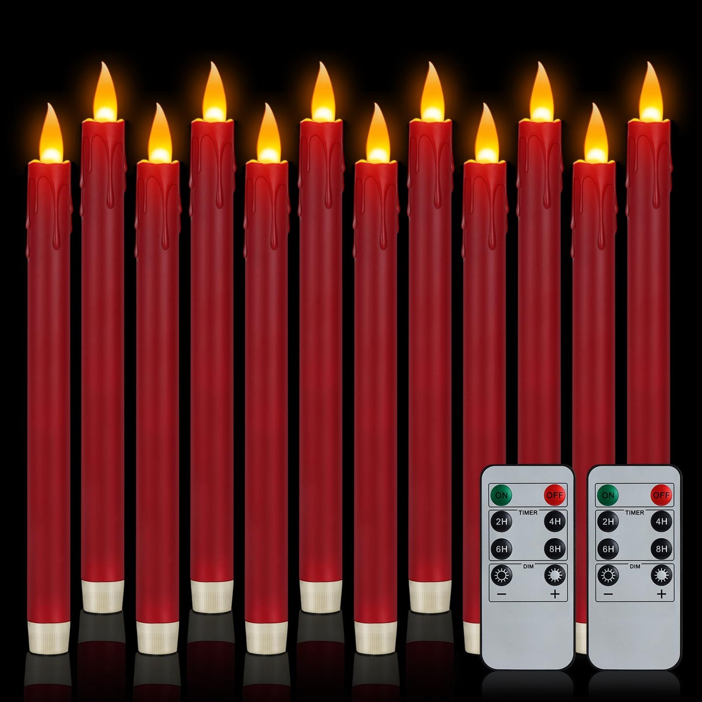 12 Pcs Burgundy Flameless Taper Candles with Remote, 10" Tall Electric Led Candlesticks, Plastic Battery Operated Taper Candles for Halloween Dinner Party Wedding Birthday Home Décor