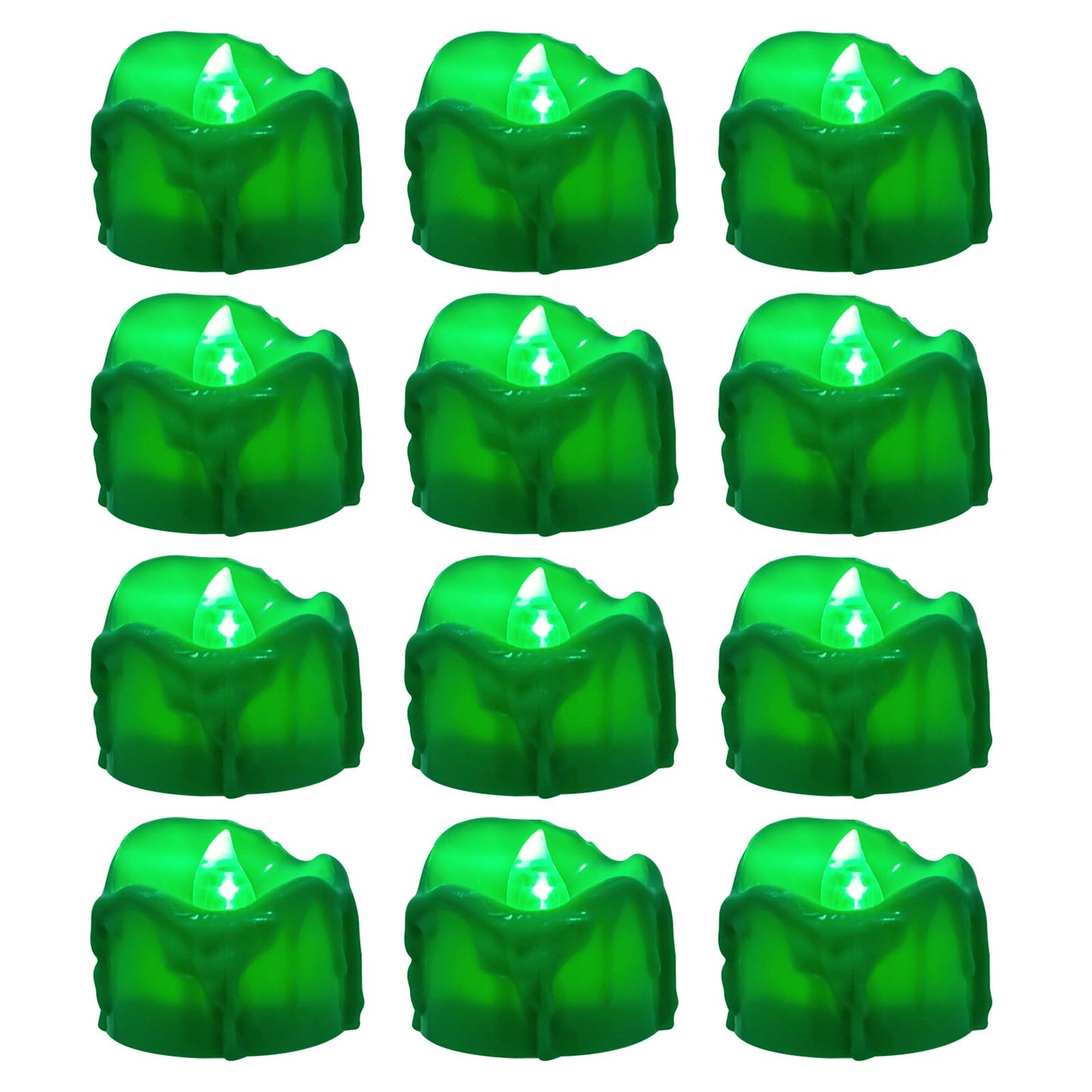 Windshell Green Flickering Flame Tealight Candles with Auto 6H Timer (No Remote), Battery Operated LED Flameless Tea Lights with Melting Design, for St Patrick Halloween Christmas, 12 Pack