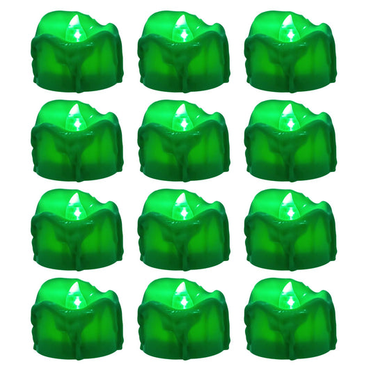 Windshell Green Flickering Flame Tealight Candles with Auto 6H Timer (No Remote), Battery Operated LED Flameless Tea Lights with Melting Design, for St Patrick Halloween Christmas, 12 Pack