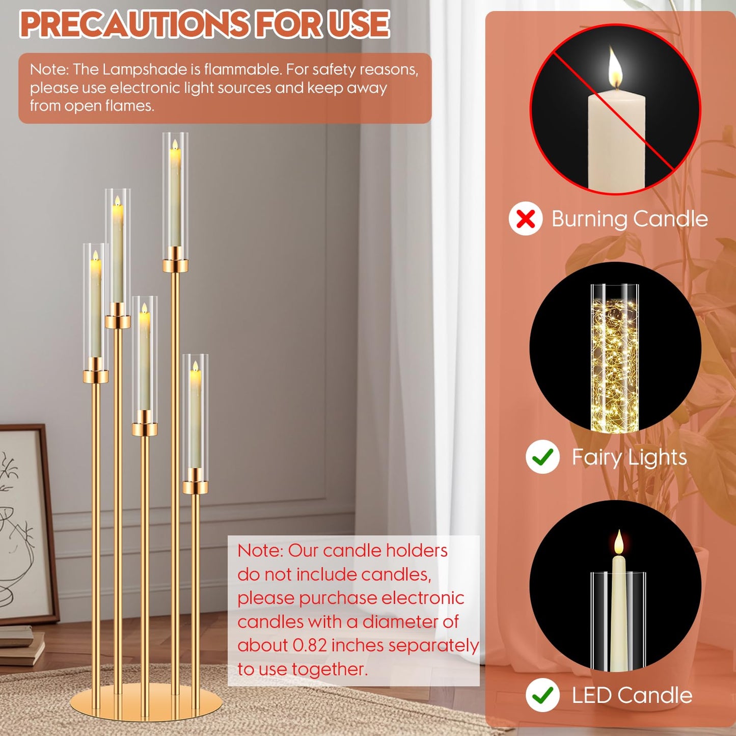 10 Set 5 Arm Gold Candle Holder, Mjkeomo 41.3'' Tall Candelabra Centerpieces for Tables Gold Candlesticks Holder for Housewarming Gift Fireplace Dinner Halloween Christmas Decor Fit 0.82'' LED Candle