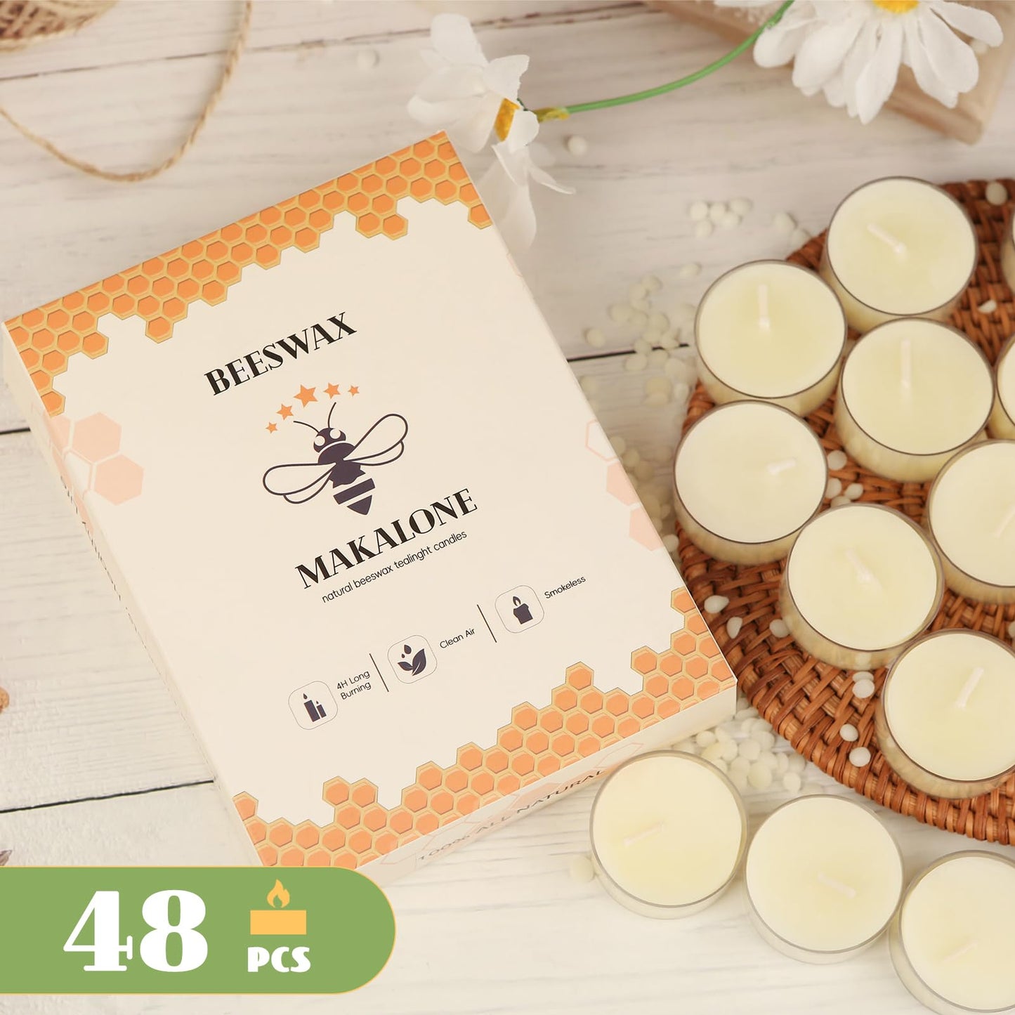 48Pcs White Beeswax Tea Light Candles-4 Hour Burn Time,100% Pure Natural Beeswax-Clean Burning & Air Purifying, Smokeless Bulk Tea Lights for Spa,Meditation,Wedding & Home Decor