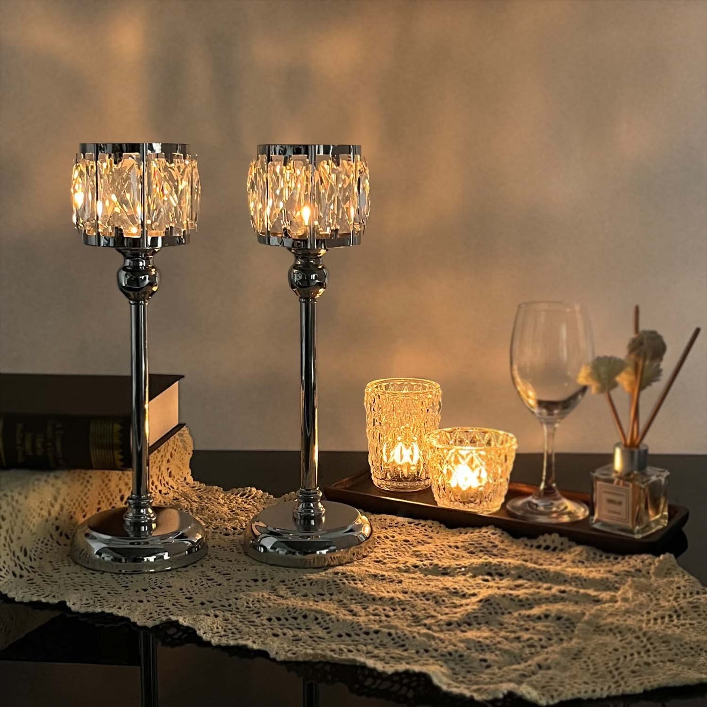2 Pcs Crystal Bowl Tealight Candelabra Votive Candle Stand, Wedding centerpieces for Tables Crystal Candlestick，Centerpiece Table Decorations (Silver 2PCS)