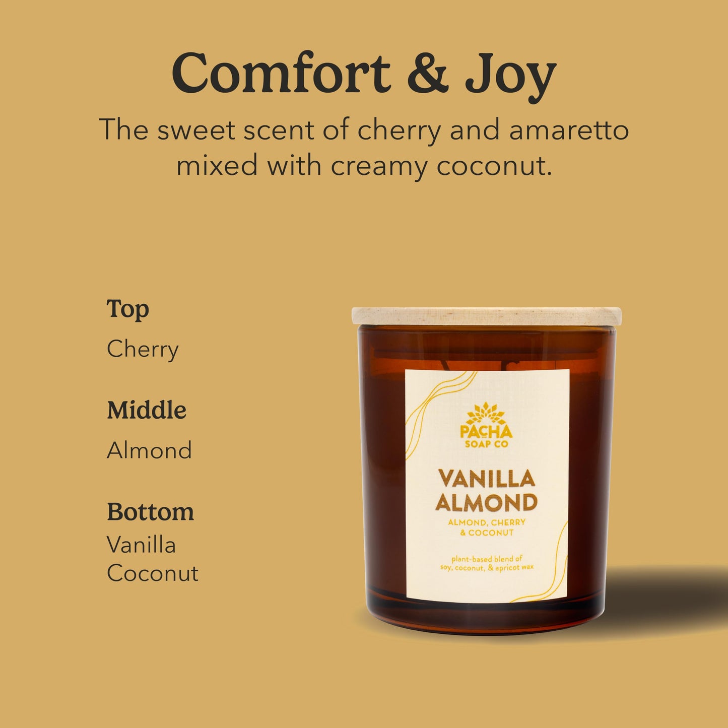 PACHA SOAP Co. Vanilla Almond Candle, 7 oz - Scents of Almond, Coconut and Cherry - Clean Burning, Soy, Coconut & Apricot Wax, Lead-Free Wick, Cruelty-Free, Recyclable