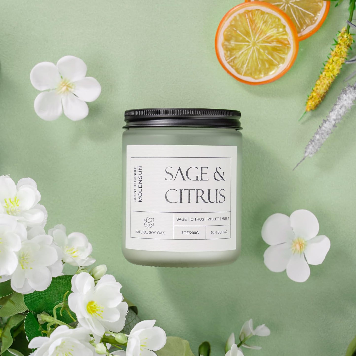 Molensun Sage & Citrus Scented Candles, Aromatherapy Jar Candle, 7 oz Long Lasting Candles, Soy Wax Candle Gift for Women