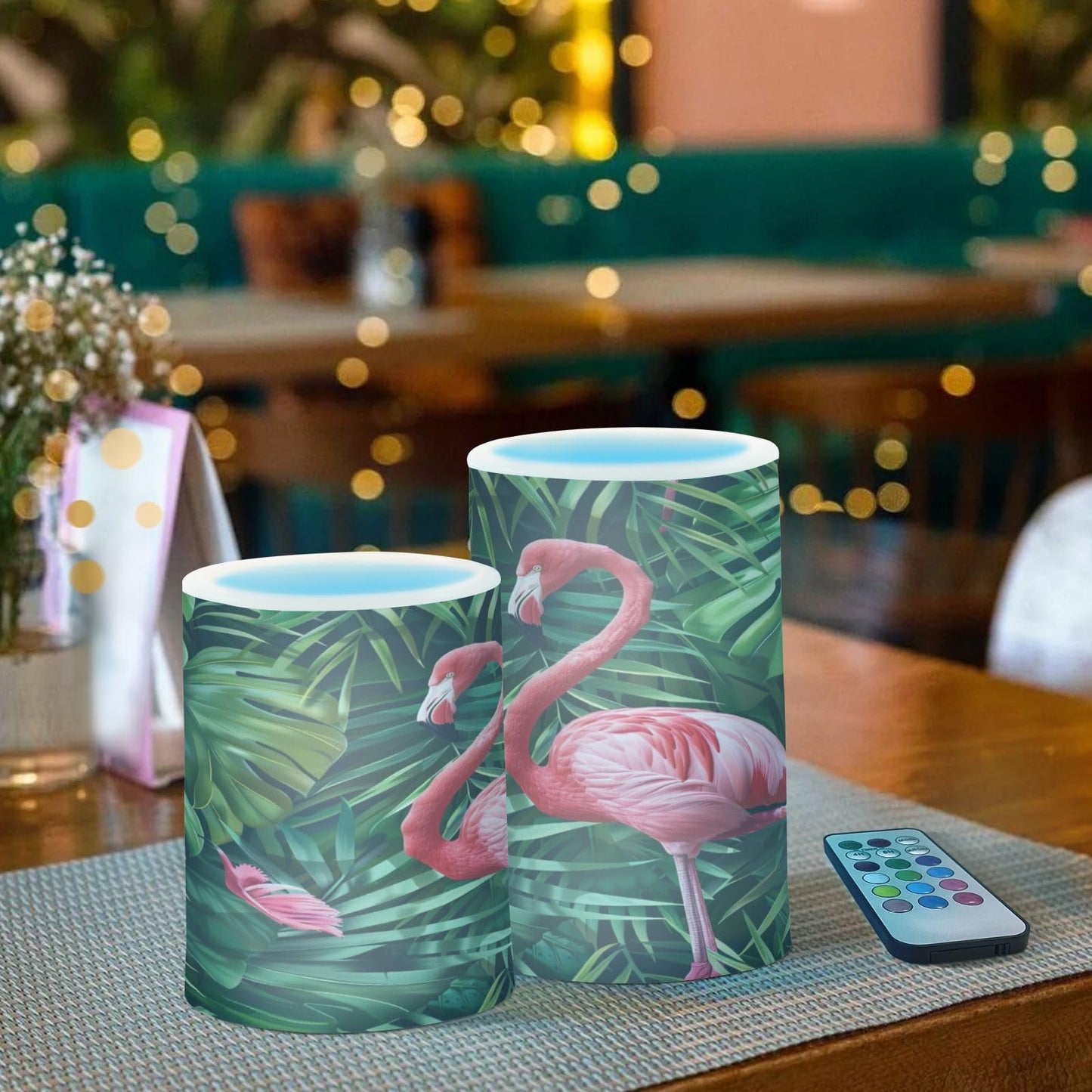 ALAZA Flamingo Palm Leaves Flameless Candles, LED Pillar Candles with Remote Timer, Battery Operated Candles Set of 2