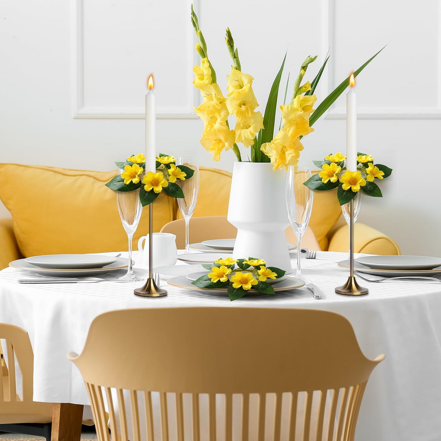 6 PCS Summer Yellow Daisy Taper Candle Rings Wreaths 1.38" Mini Spring Summer Floral Taper Candle Holder Wreaths Artificial Flower Farmhouse Table Centerpieces Wreath for Rustic Home Candlestick Decor