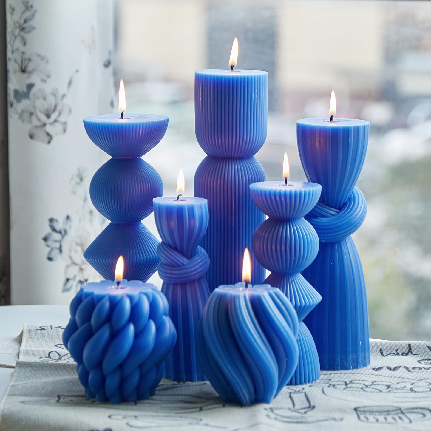 7 Pcs Large Ribbed Pillar Candles - Handmade Soy Wax Candles for Home Decor, Modern Shelf Decor, Housewarming Gift, Aesthetic Room Decor (Blue)