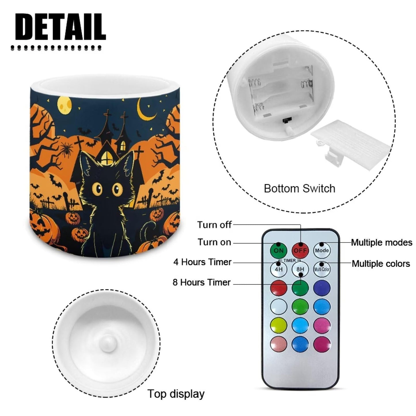 Merkmak Pack of 4 Flameless Candles Halloween Battery Operated Candles with Remote and Timer Flickering LED Elictric Pillar Tealights for Indoor Outdoor Party Decorations, Pumpkin Black Cat
