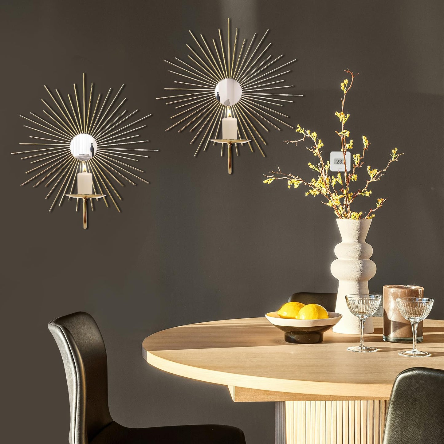 Sxnzequnze 2 Set Candle Sconces Wall Decor for Living Room Metal Sunburst Mirrored Modern Gold Wall-Mounted Candle Holder Sconces Hanging Mounted Fireplace Farmhouse Wedding