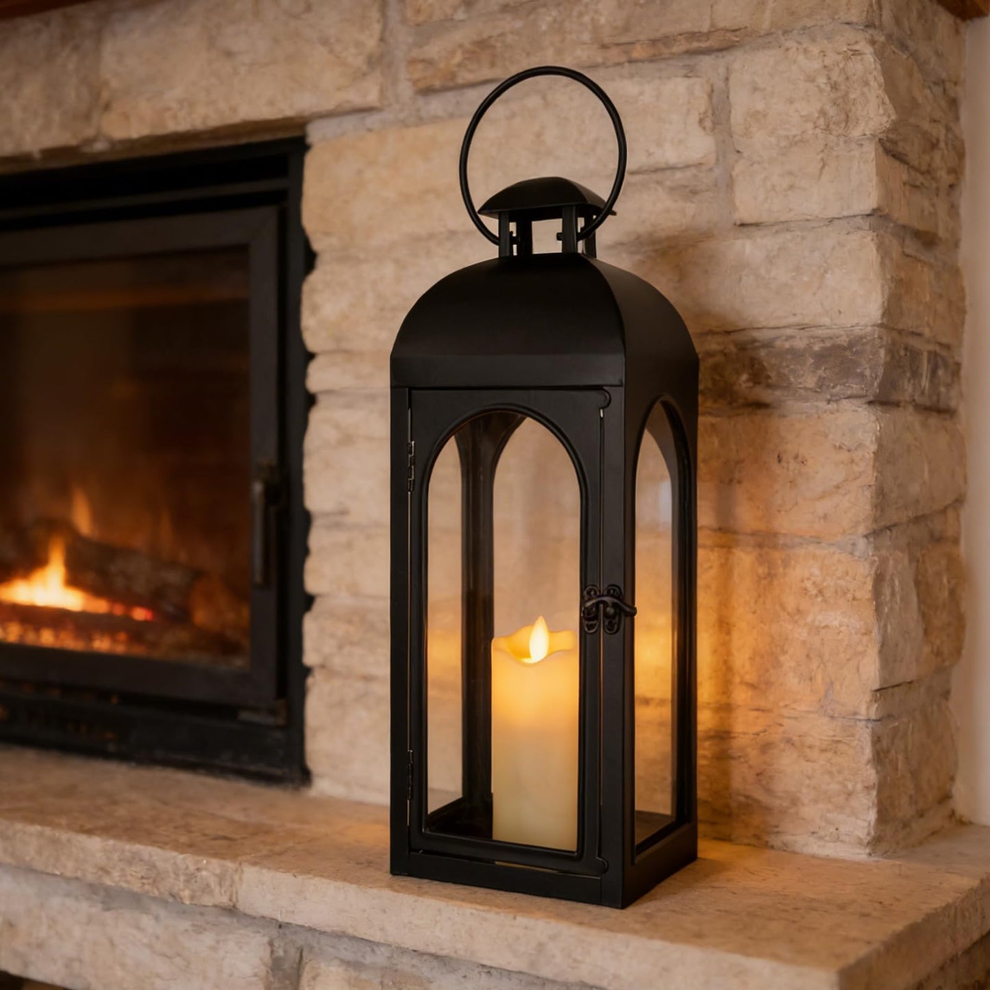 Damsico Lantern Decorative Indoor & Outdoor, 16.5IN Large Hanging Candle Lanterns, Black Metal Decorative Candle Lanterns, Waterproof Hanging Lantern for Porch Patio Wedding Home