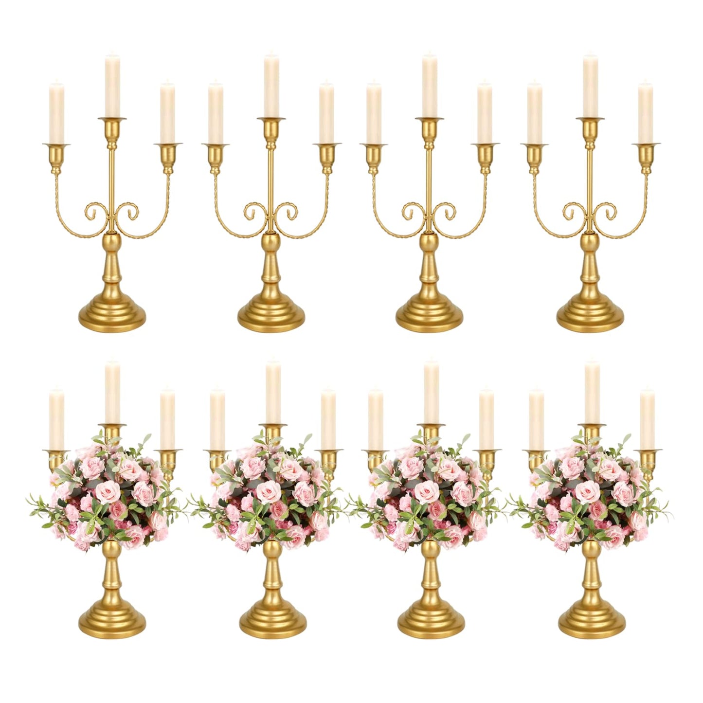 UCEHIPAW 8 Pcs Gold Candelabra 12 Inch 3 Arm Metal Candle Stand Wedding Candlestick Holder for Table Centerpieces Wedding Birthday Holiday Theme Party