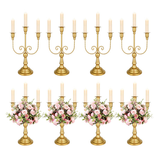 UCEHIPAW 8 Pcs Gold Candelabra 12 Inch 3 Arm Metal Candle Stand Wedding Candlestick Holder for Table Centerpieces Wedding Birthday Holiday Theme Party