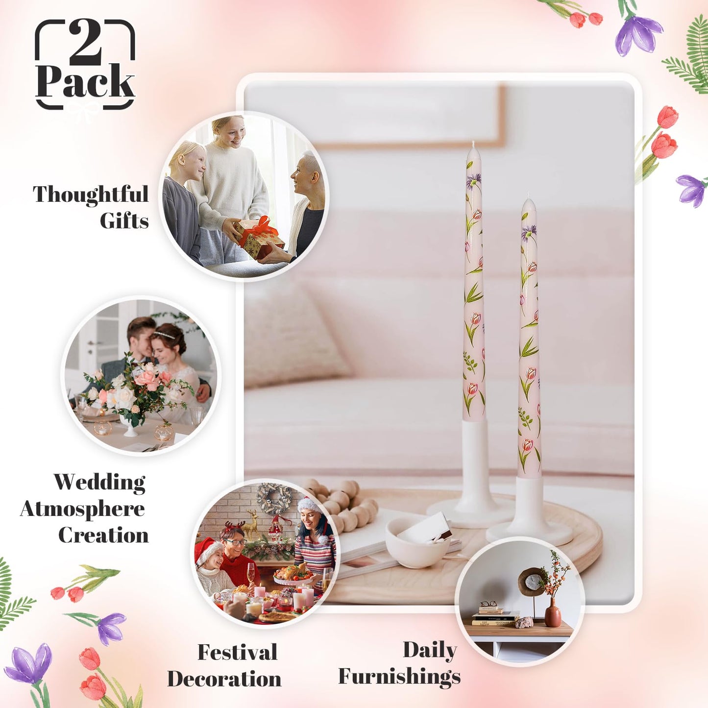 Taper Candles 10 Inch Print Candle Handmade Unscented Tulip Long Candles 2 Pack Twisted Candlesticks for Wedding Home Decoration Gifts