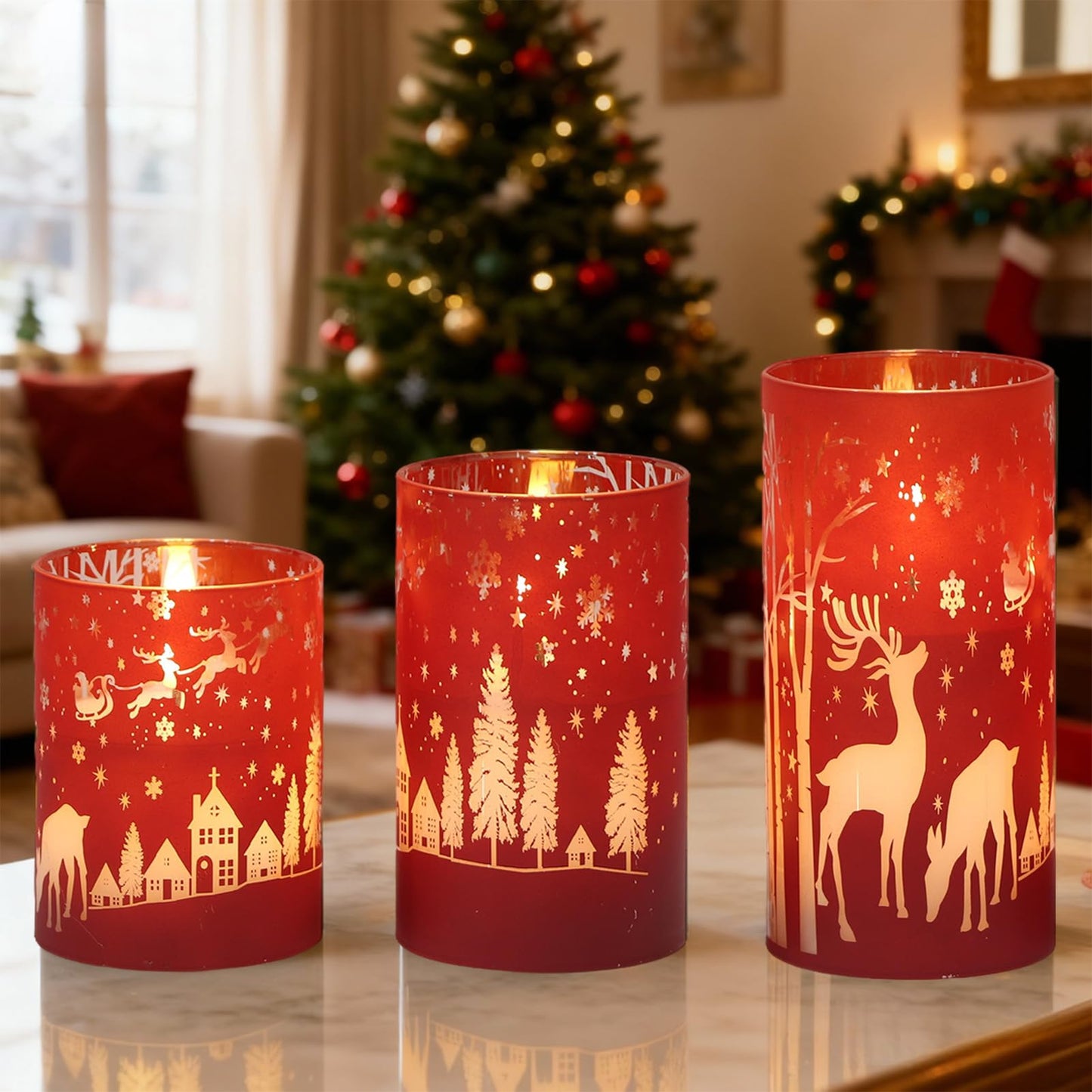 DRomance Christmas Flameless Candles Battery Operated with 10-Key Remote and Timer 3D Wick Flickering Electroplating Glass Reindeer LED Candles Indoor Holiday Decorations(Red, 3" D x 4", 5", 6" H)