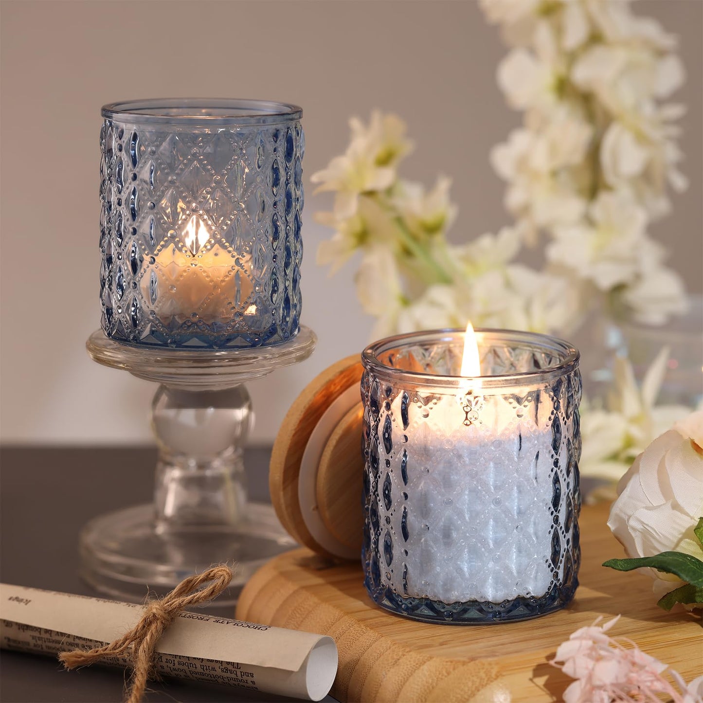 NITIME 15pcs 7.5oz Blue Candle Jars for Making Candles, Glass Candle Vessels with Bamboo Lids and Sticky Labels, Candle Containers for Making Candles and Candle Making Supplies