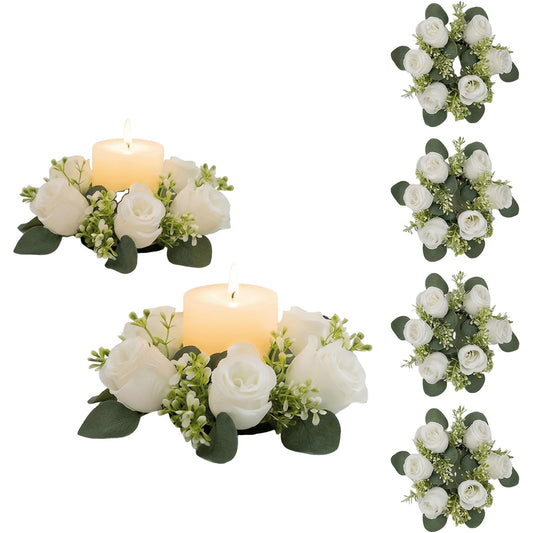 A Set of 6 White Rose Candle Wreath Rings with Artificial Floral Candle Holders and Wreaths, Ideal for Wedding Centerpieces for Tables, Party Candle Arrangement Setups