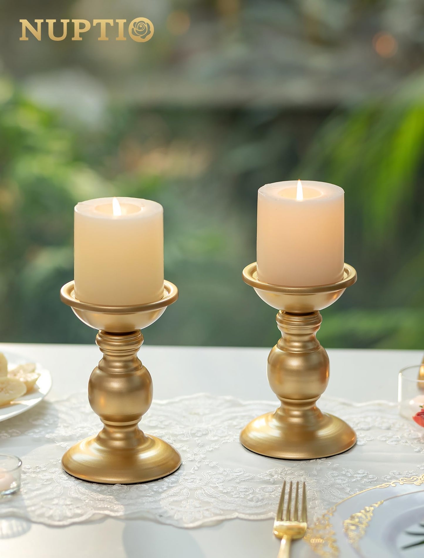 Set of 2 Gold Metal Pillar Candle Holders for 3 inches Dia Candle, Wedding Centerpieces Candlestick Holders Stand Centerpiece Decoration Ideal for Weddings, Special Events, Parties