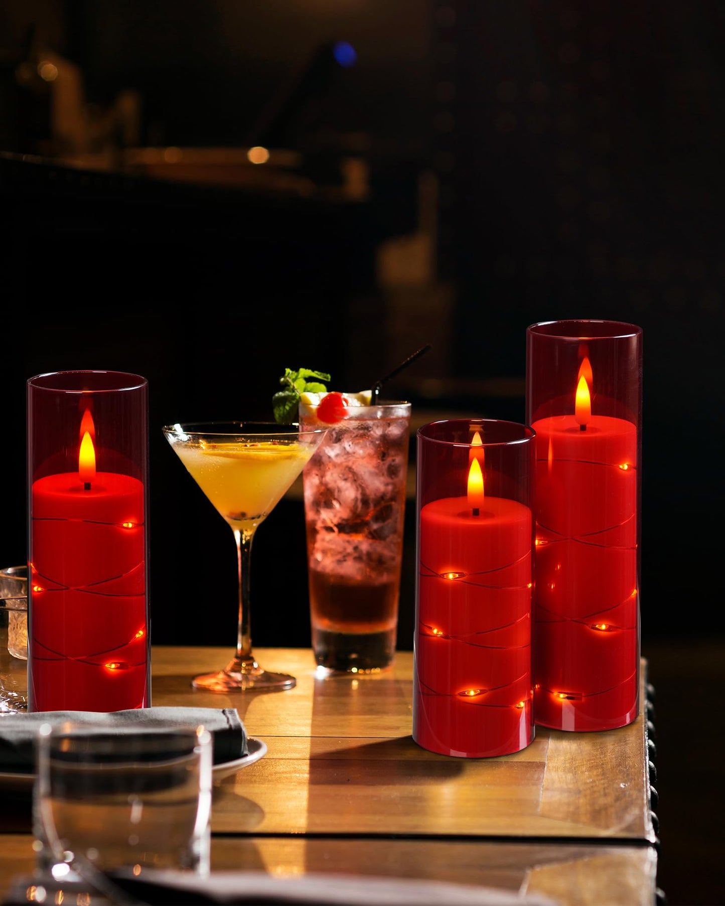 Da by 5 Pack Red Transparent Acrylic Flameless Taper Candles, Flickering Black Wick LED Candles with Copper Wire Lights, Heat Resistant ABS Candles with Remote for Indoor Outdoor Decor
