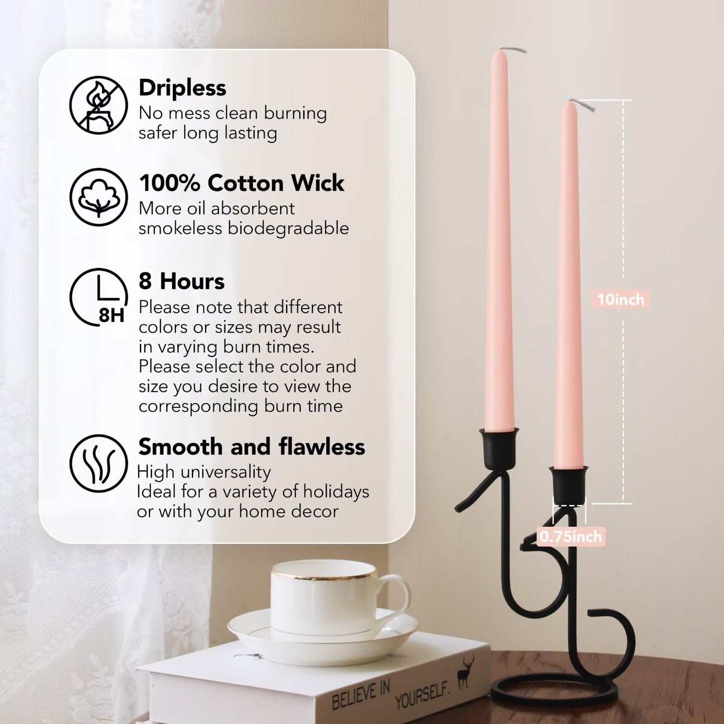 Pickood 10-Inch Tall Dripless Taper Candles Set of 4 - Pearl Pink Tapered Candles, Perfect for Christmas - Smokeless, Unscented, Long Burning - Hand Poured, Colored Tall Candlesticks - Rosa Perla