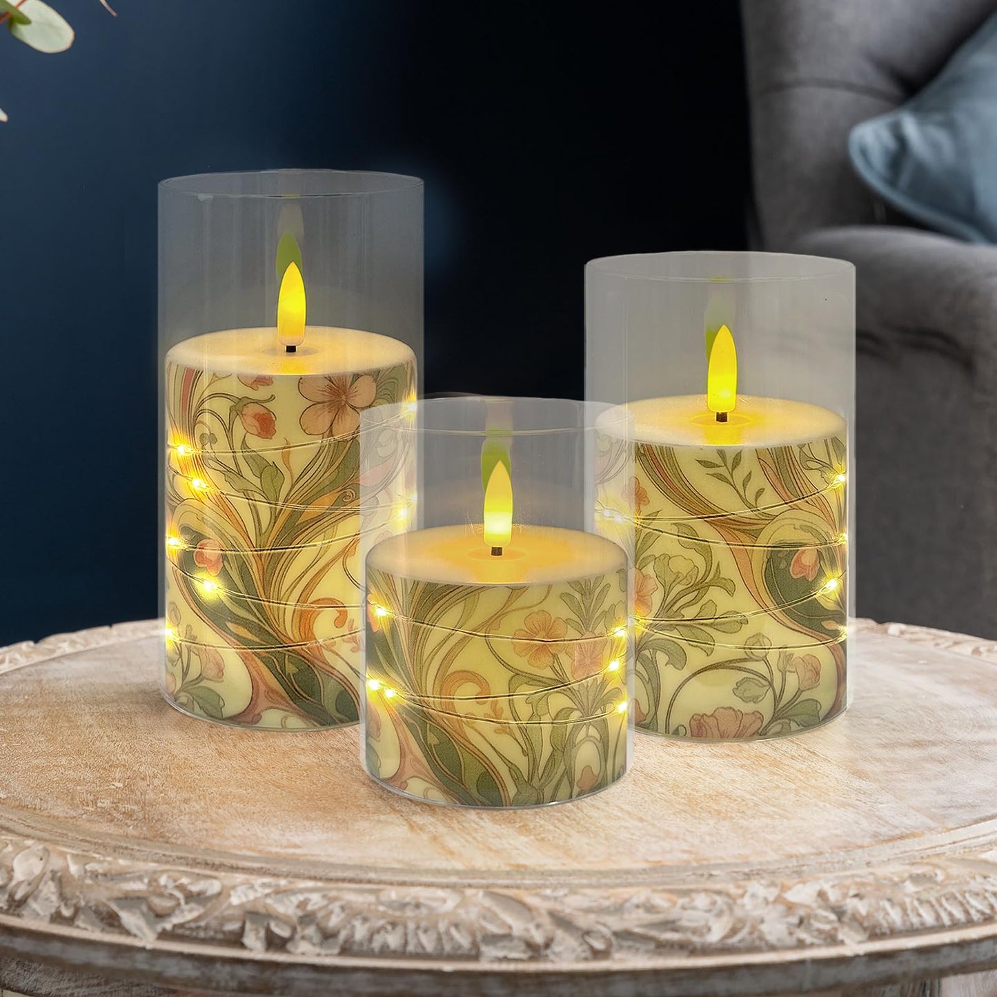 Flickering Flameless Candles Pink Floral, Embedded Star String Lights, Battery Operated Acrylic LED Pillar Candles with 11-Key Remote and Timer for Home Decoration, 3 Pack