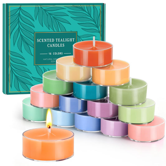 Colored Scented Tealight Candles, 16 Pack Soy Wax Colorful Tea Lights in 4 Scents for Home Decor, Relaxation & Gifts | Long-Lasting | Cedar, Amber Sandalwood, Lavender, Fig & Patchouli