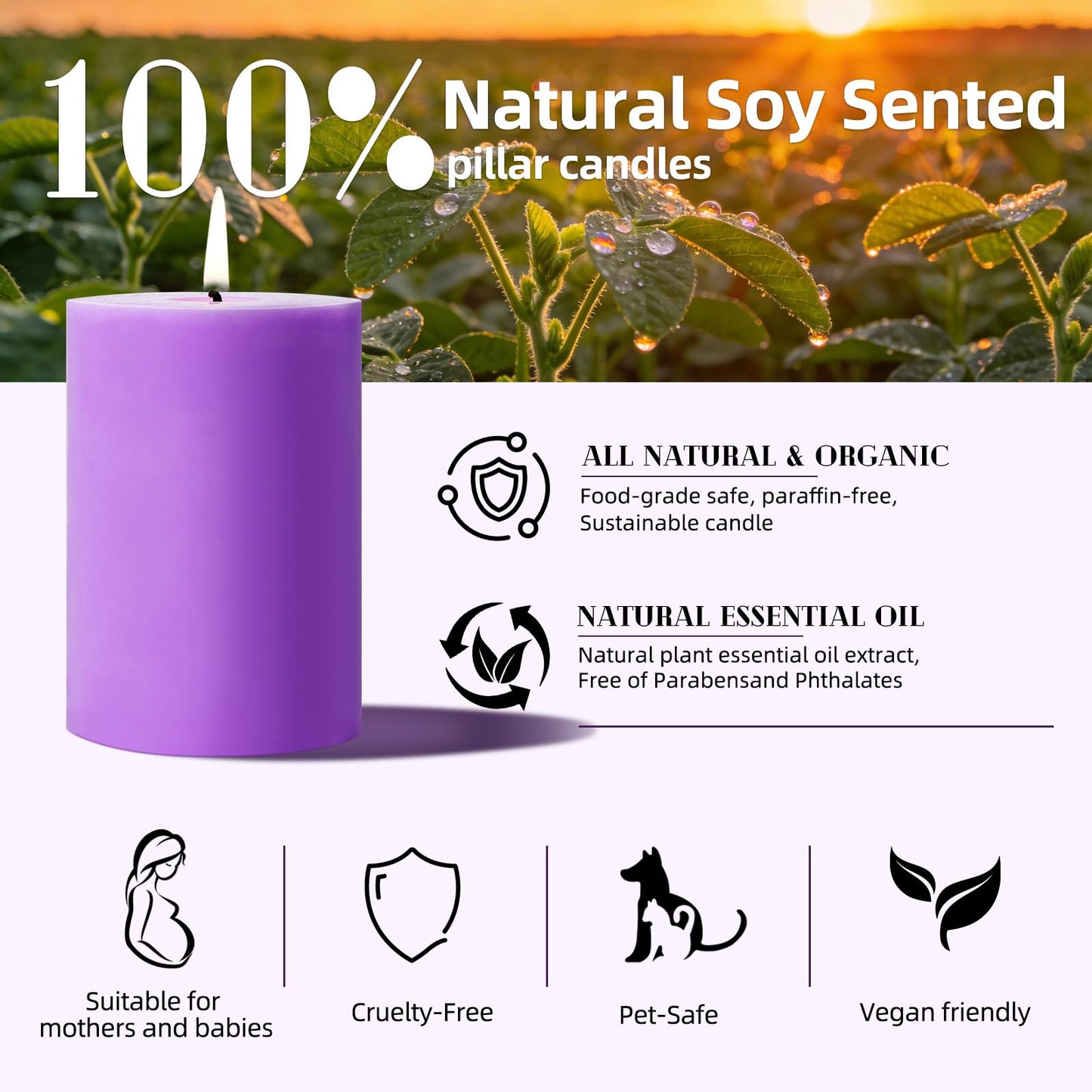 4 Pack Lilac Scented Soy Pillar Candle 2.8x4In,240H Long Burn,Natural Spring Floral Aromatherapy Hand-Poured Candles for Stress Relief,Relaxation & Home Decor,Mother’s Day Gifts,Smokeless & Non-Toxic