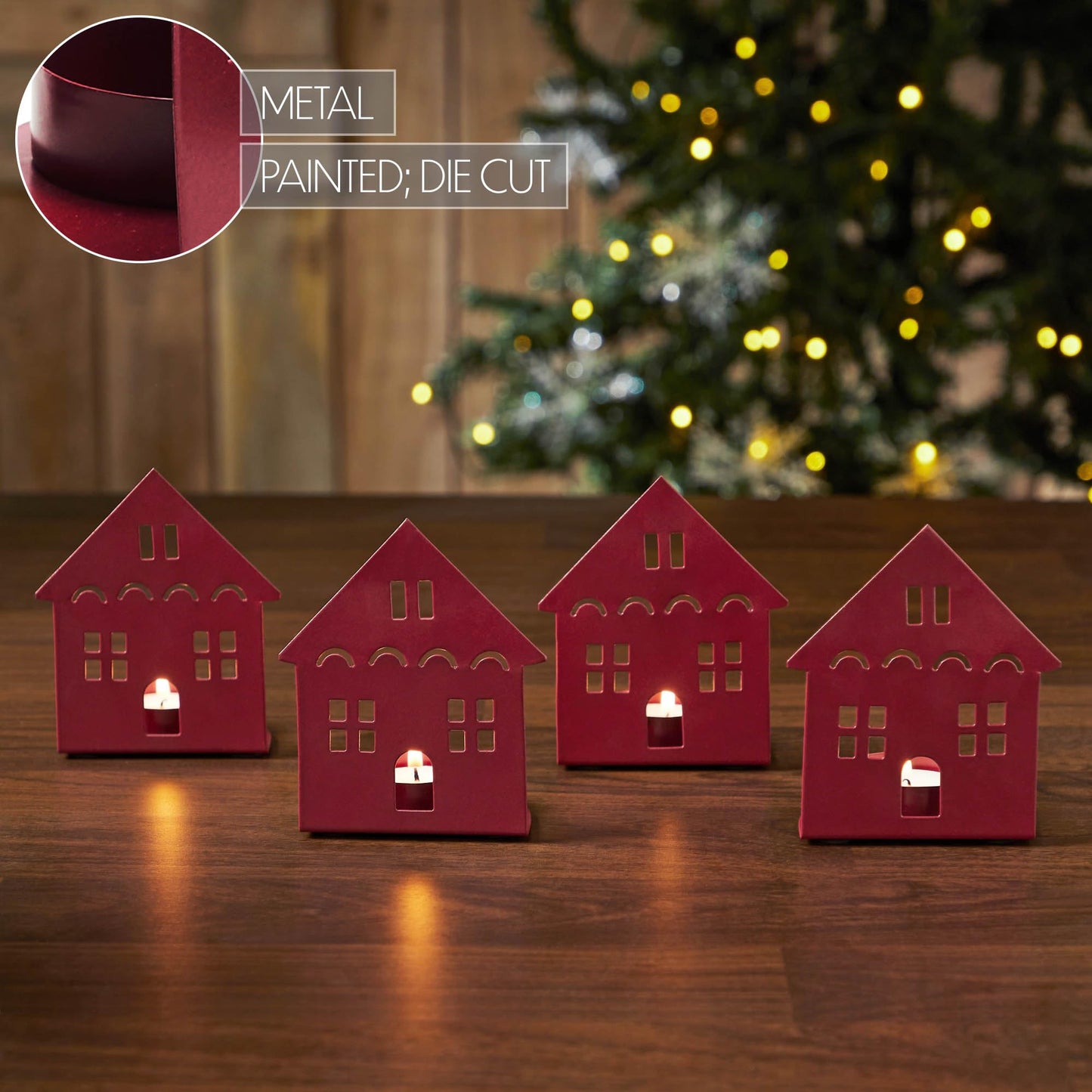 VHC Brands Tealight Holder House Burgundy Set of 4 4.5x3.75x2.25