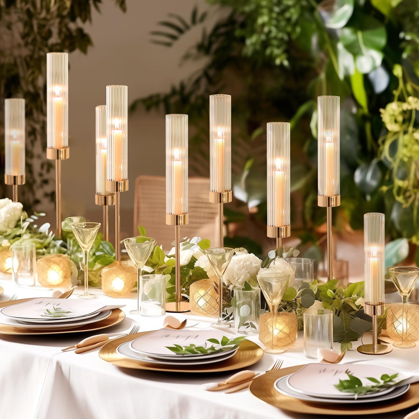Gold Hurricane Candle Holders, Set of 6 Glass Taper Candlestick Holders Metal Candle Stands Bulk with Ribbed Glass Cover for Dining Tables Wedding Candelabra Centerpieces Decor
