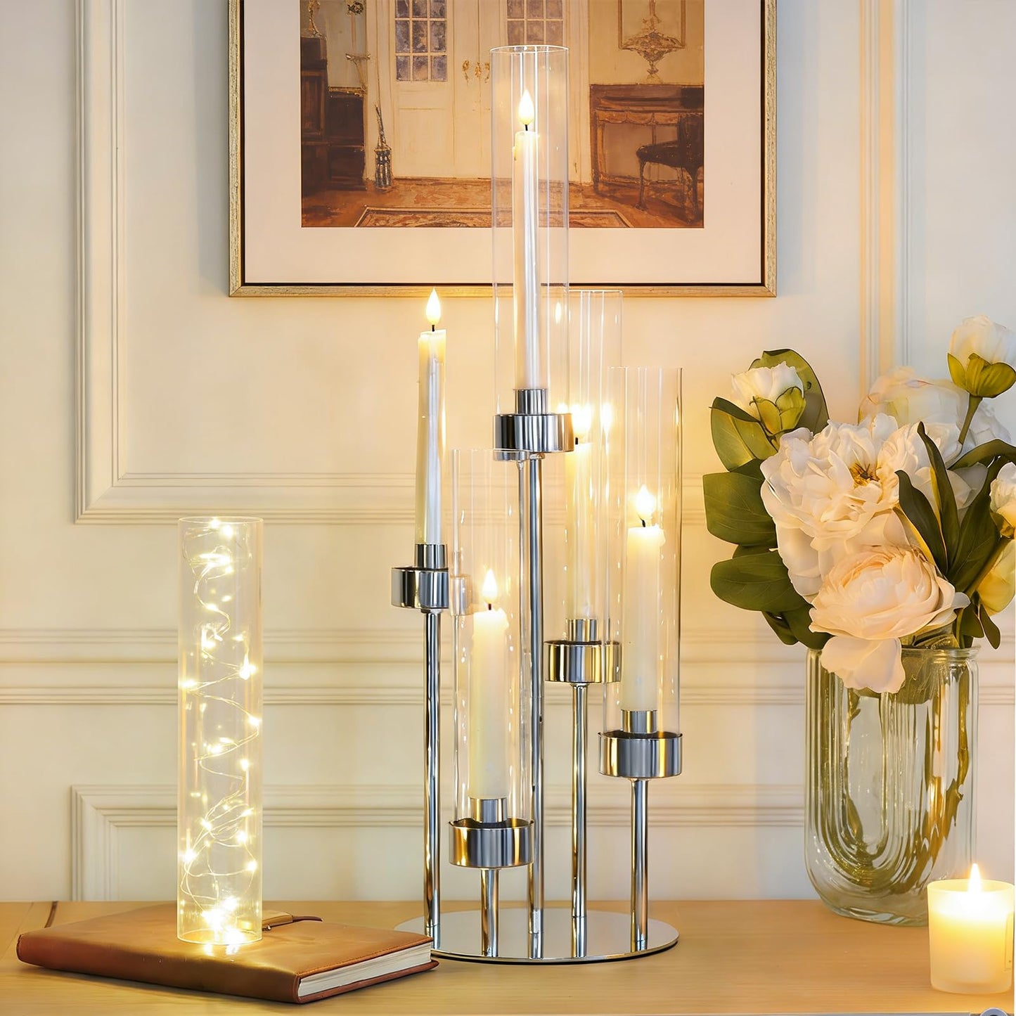KEHAIL 2 Pcs 5-Arm Silver Metal Table Candelabra Centerpiece, 22" Tall Clear Candlesticks Holder with Shade for Valentines Day Events Party Table Centerpiece,Fit LED Candles
