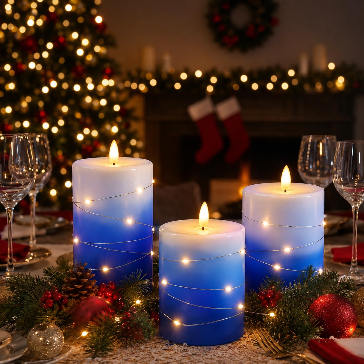 haitanghua flameless Candle Set of 3, with Fairy Light String, Remote Control Timer, Real Wax LED Candle Pillars, 3D Flame Effect, Battery Operated, Gradient Blue Home Decor Candles