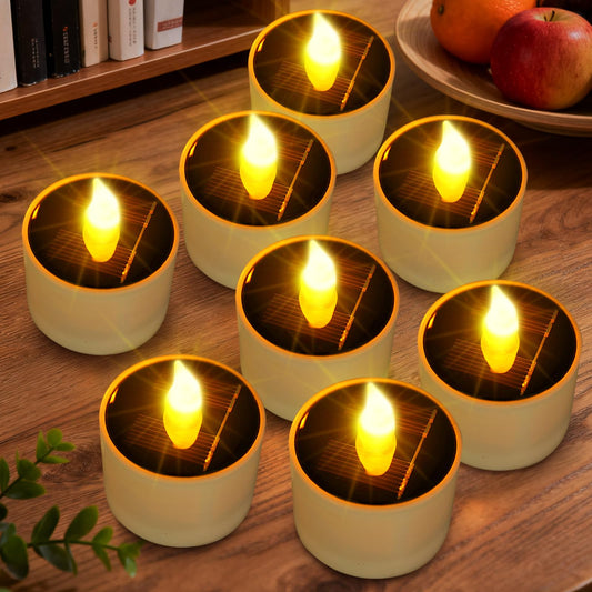 Solar Tea Lights Outdoor Waterproof - 8 Pack Rechargeable Flickering Candle Lights Solar Powered Reusable LED Candles Flameless Lamp Nightlights for Lanterns Garden Camping Home Decor, 2.3''x2.1''