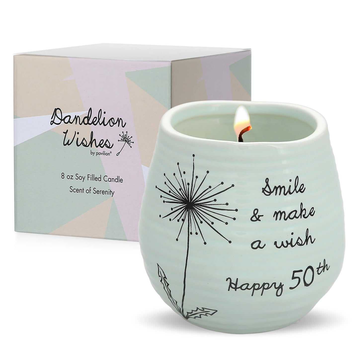 Pavilion Gift Company - 8 Oz Candle Holder - Green Ceramic Candle Jar with 100% Soy Wax Candle Serenity Scent "Smile And Make A Wish, Happy 50th" Ideal Gift for Loved Ones - Printed Text, Love Theme