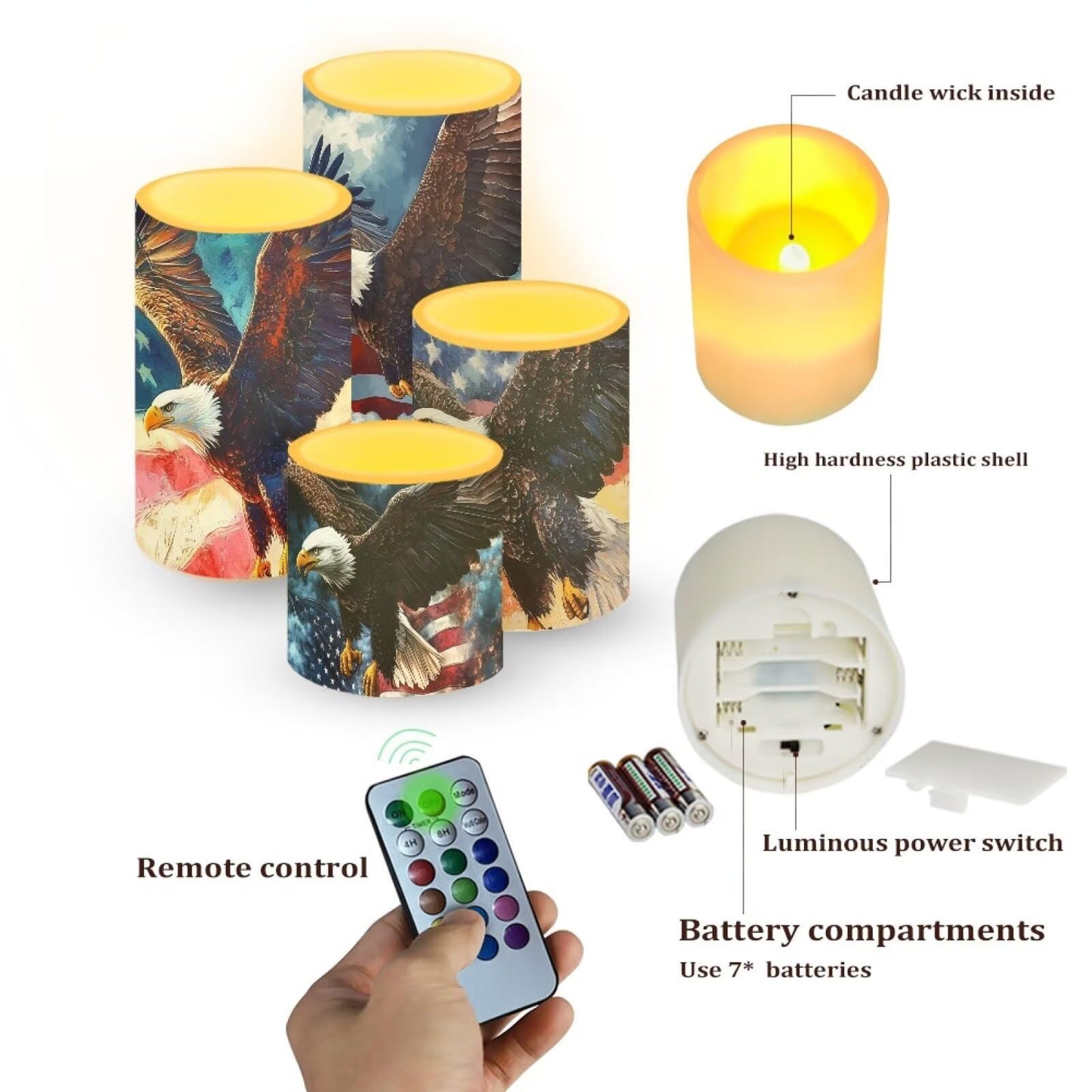 NETILGEN American Flag Eagle Print Flickering Flameless LED Candles with Timer Remote Control Color Changing LED Candles Set of 4 July 4th Independence Day Decor