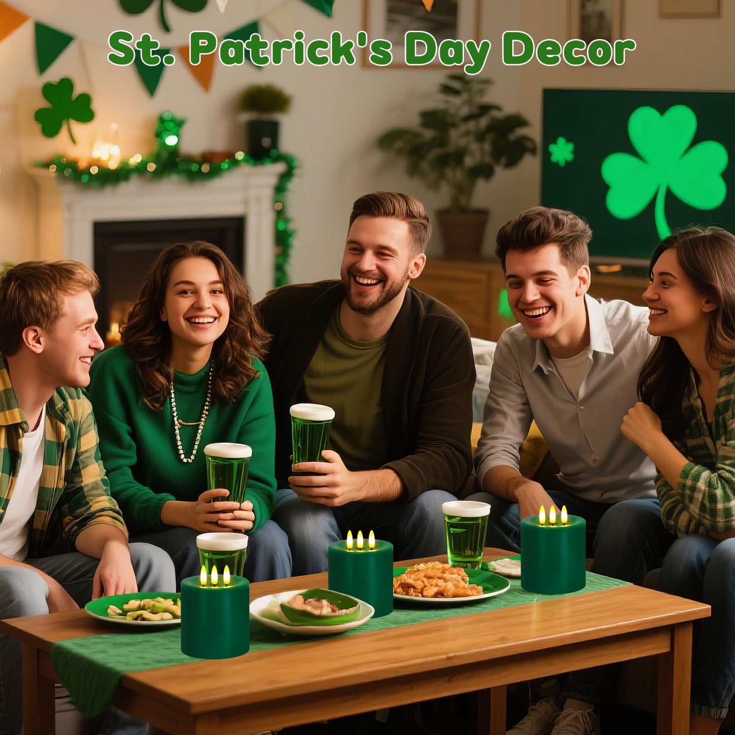 Large 3 Wick Flameless Candles Set of 2, 4"x4" Flickering LED Candles with Remote & Timer, Dimmable Real Wax Pillar Candles Battery Operated, Green Candles for Home Christmas St. Patrick’s Day Decor