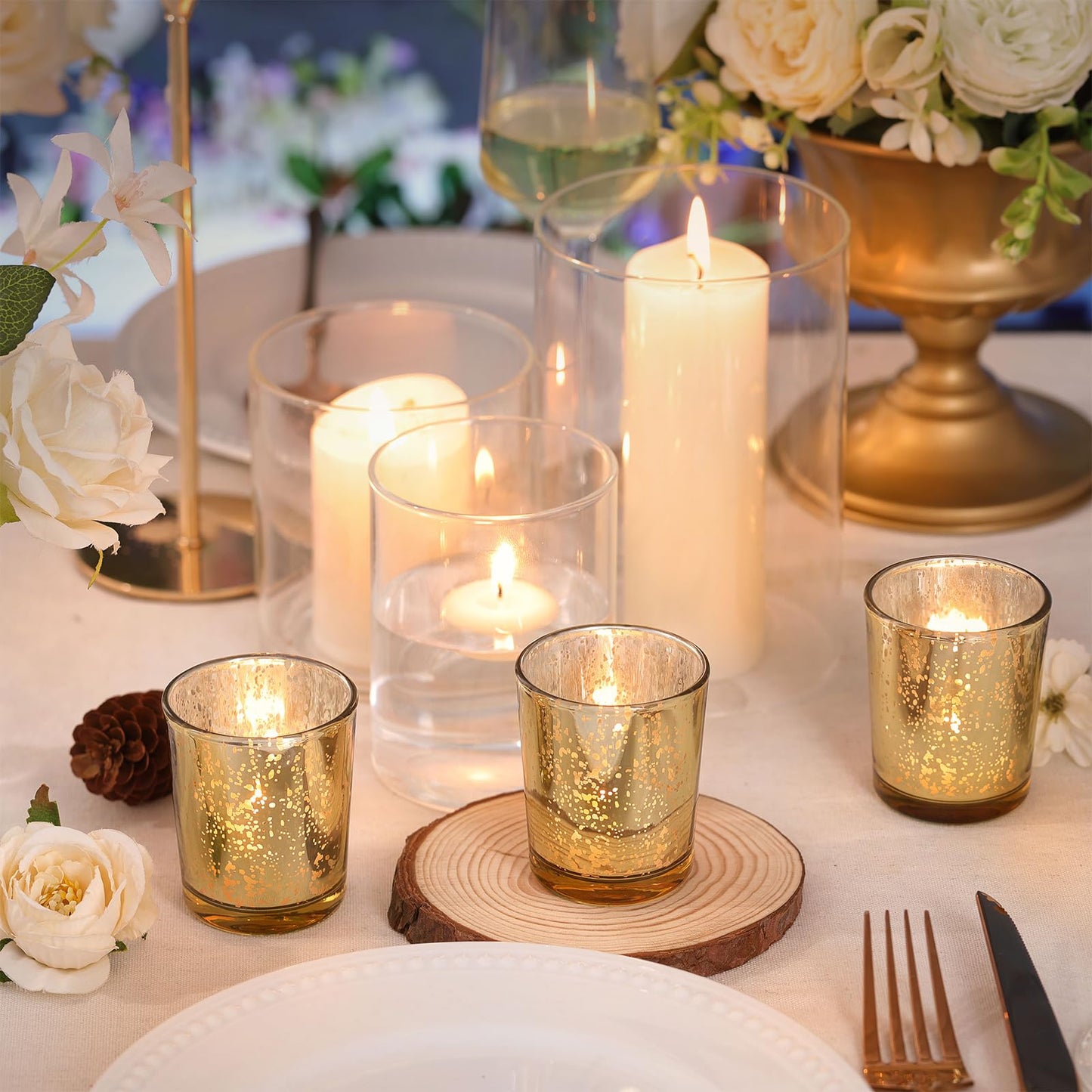 LETINE Gold Votive Candle Holders Set of 36 - Speckled Mercury Gold Glass Candle Holder Bulk - Ideal Spring Summer Decor for Wedding Centerpiece Table，Valentine's Day Decorations Indoor