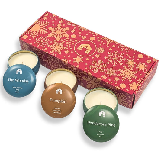 Bluecorn Aromática Holiday Candle Gift Set, 3 Tins Pumpkin, Ponderosa Pine & The Woodsy, Vegan Coconut Wax, Clean Burning & Long Lasting Candles, Candle Set, American Made, 3 Ct, 8 Oz Each