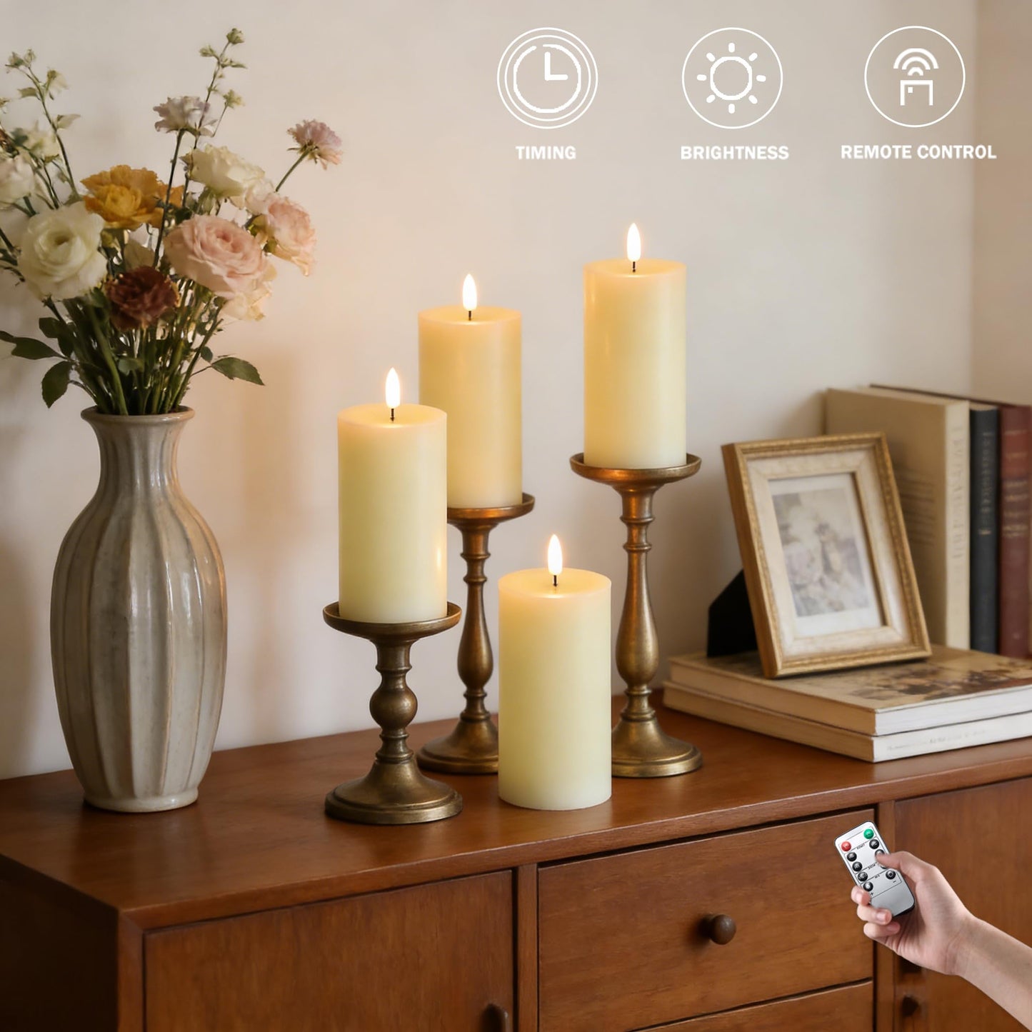 MUMCHASI 4 Packs Flameless Candles, Battery Operated with Remote, Real Wax Flickering LED Candles for Home Fall Halloween Christmas Party Candelabra D3 xH6 (Ivory)
