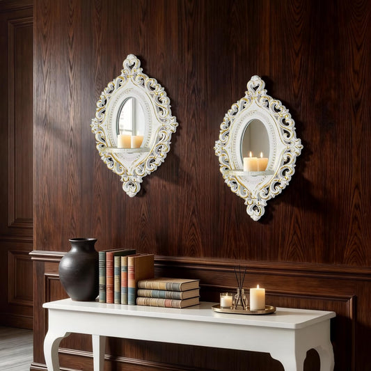 sxnzequnze 2 Set Vintage Candle Wall Sconce for Home Decor Living Room Bedroom Office Wood Antique Mirrored Victorian Mounted Candlestick Wall Holder Relief Hanging Decor -White 11.8in
