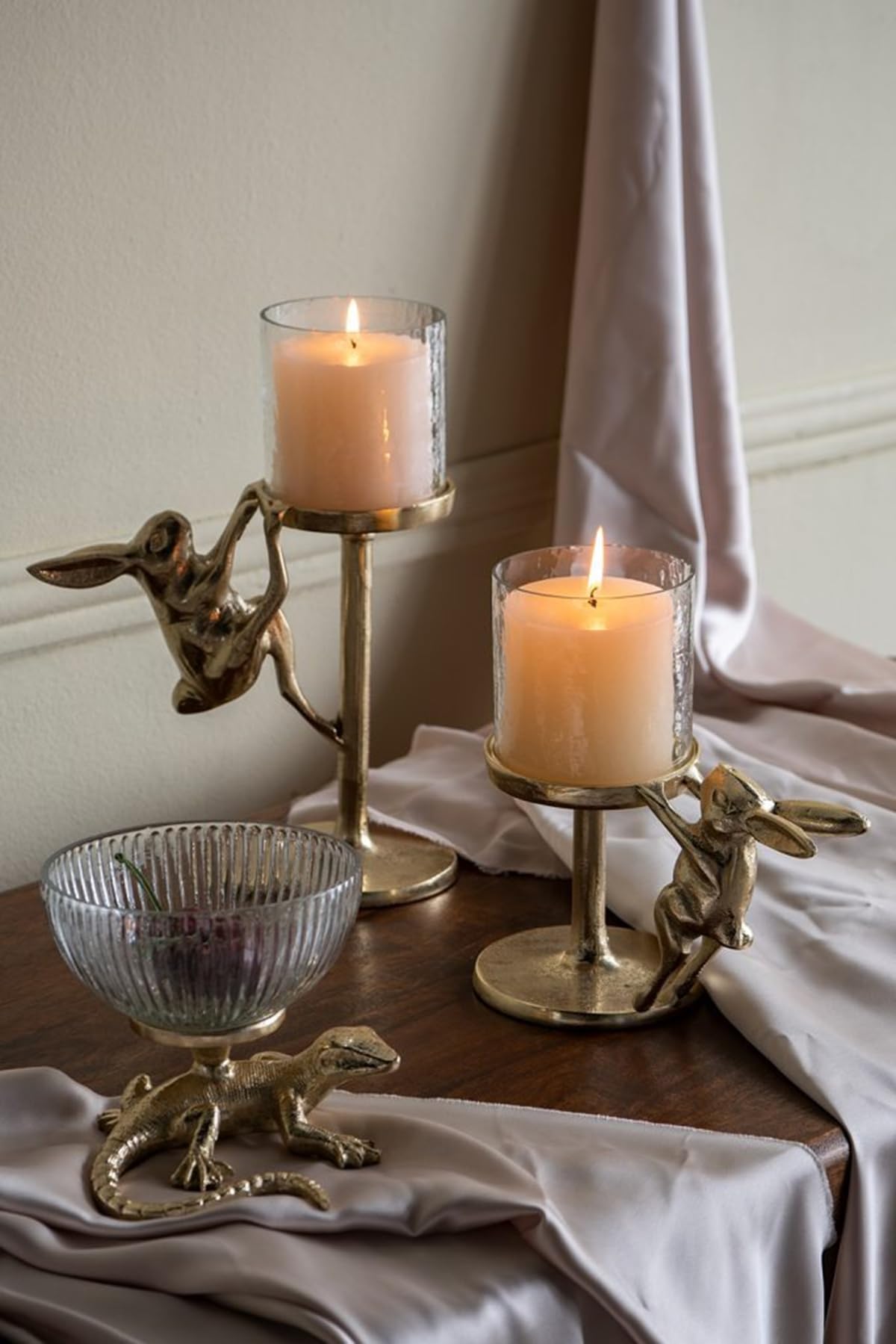 Gold Rabbit Pillar Candle Holder with Glass Hurricane Shade, Decorative Animal Tabletop Candleholder for 2.5” Pillar Candles, Elegant Spring Easter Home Décor & Centerpiece Gift