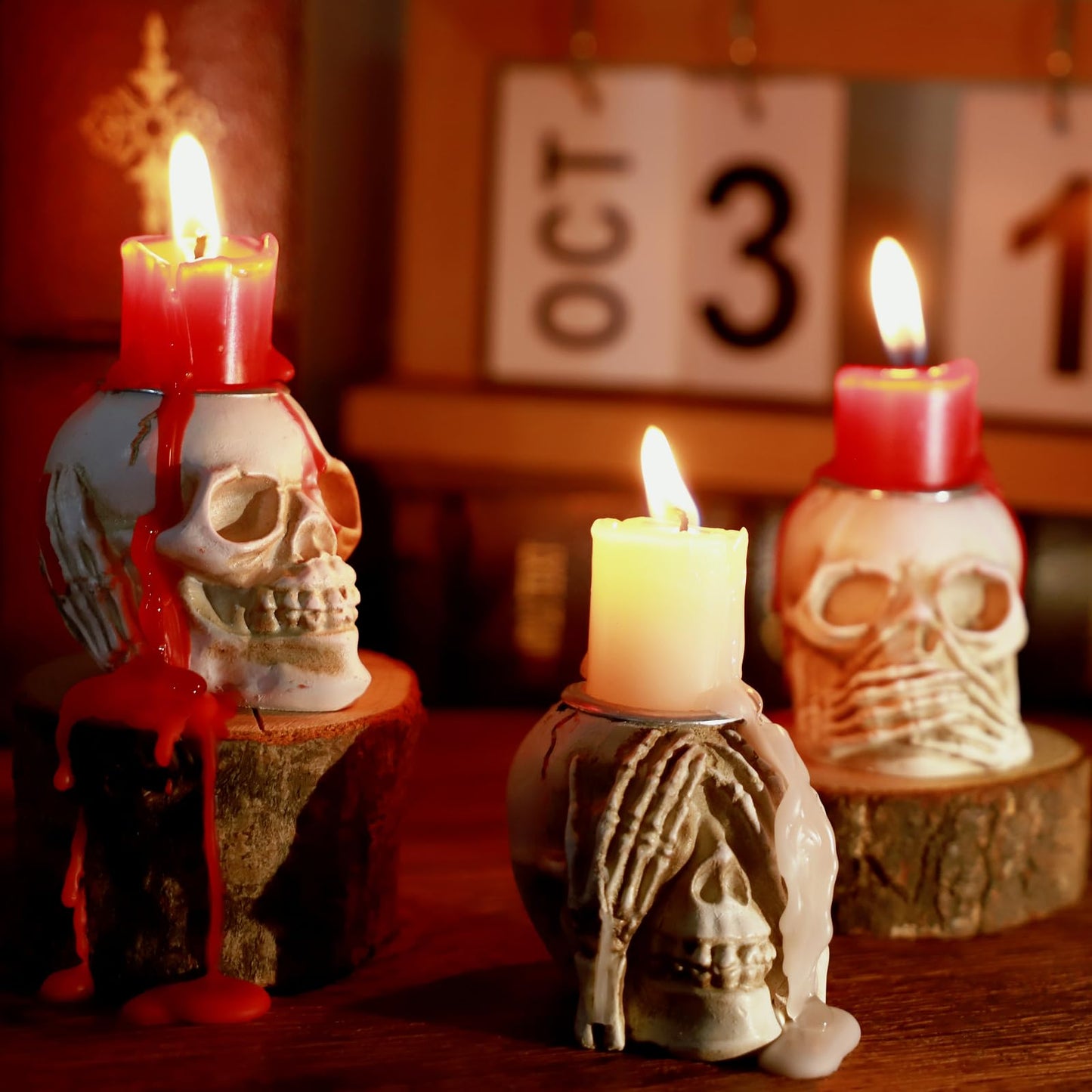 Gothic Skull Taper Candle Holders, 3pcs - See No Evil, Hear No Evil, Speak No Evil, Halloween Candle Holders, Horror-Themed Spooky Home & Halloween Decorations