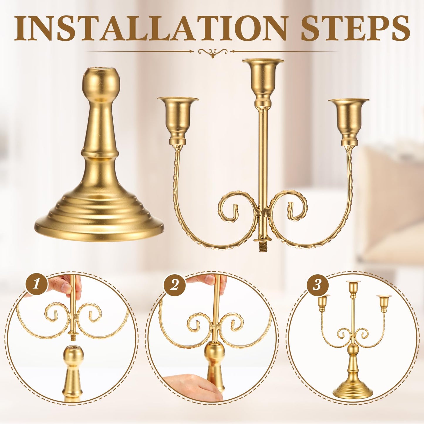 Hushee 6 Pcs Gold Candelabra Candle Stand Metal Candlestick Holder 3 Arm 12 Wedding Candlestick Holder for Theme Party Table Centerpieces Wedding Holiday Birthday Party
