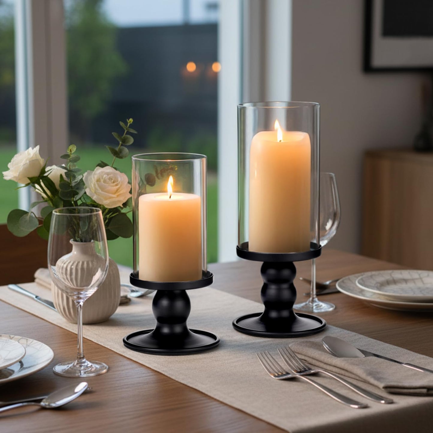 NITIME 4Pcs Hurricane Candle Holder for Pillar Candles, Black Candle Holders with Clear Glass Sleeve for Table Centerpieces,Pillar Candle Holders for Home Decor, Wedding, Holiday and Party Decor