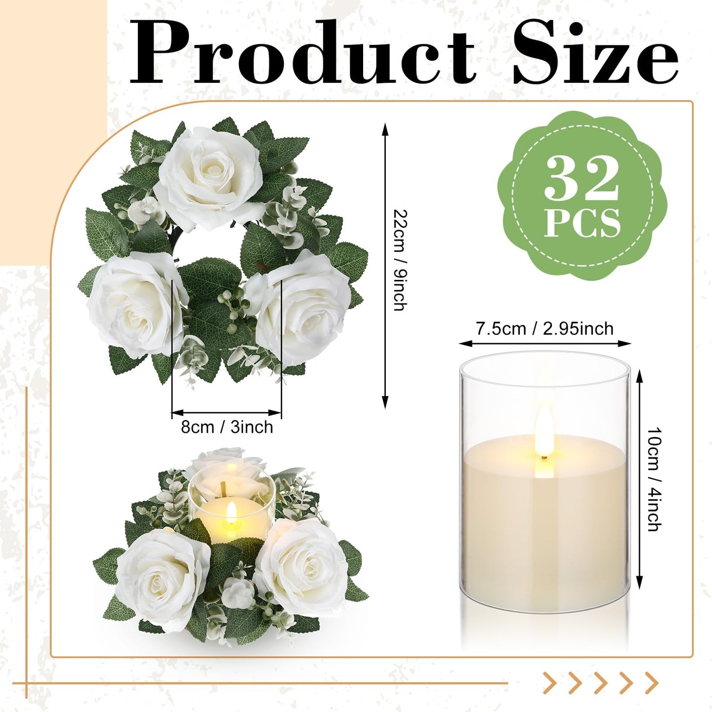 Yunlly 32 Pcs Rose Candle Rings with Flameless Candles Sets, Artificial Flower Eucalyptus Wedding Centerpiece 3 Inch Pillar Candleholders Wreaths for Wedding Party Mother's Day (White)